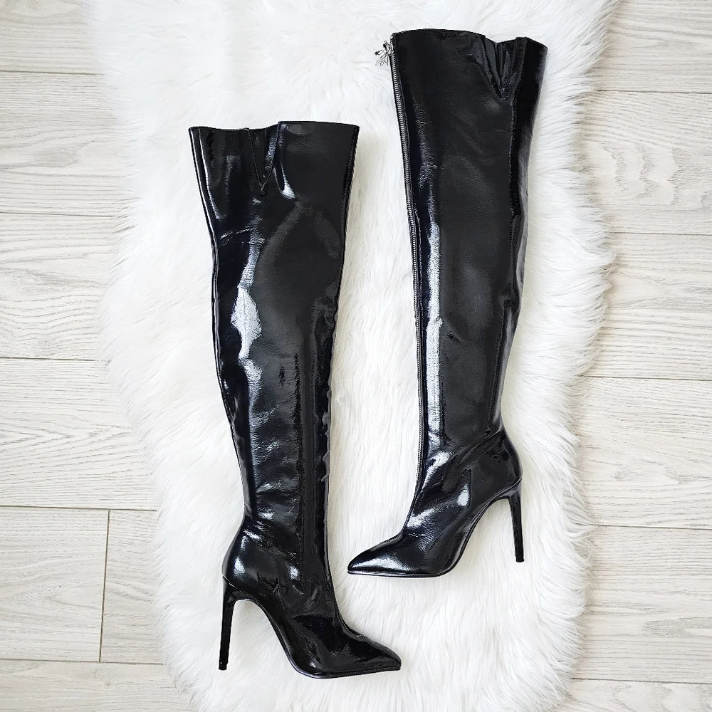 NWOT Forever 21 Black Faux Patent Leather Thigh-High Over-the-Knee Boots Sz 5.5